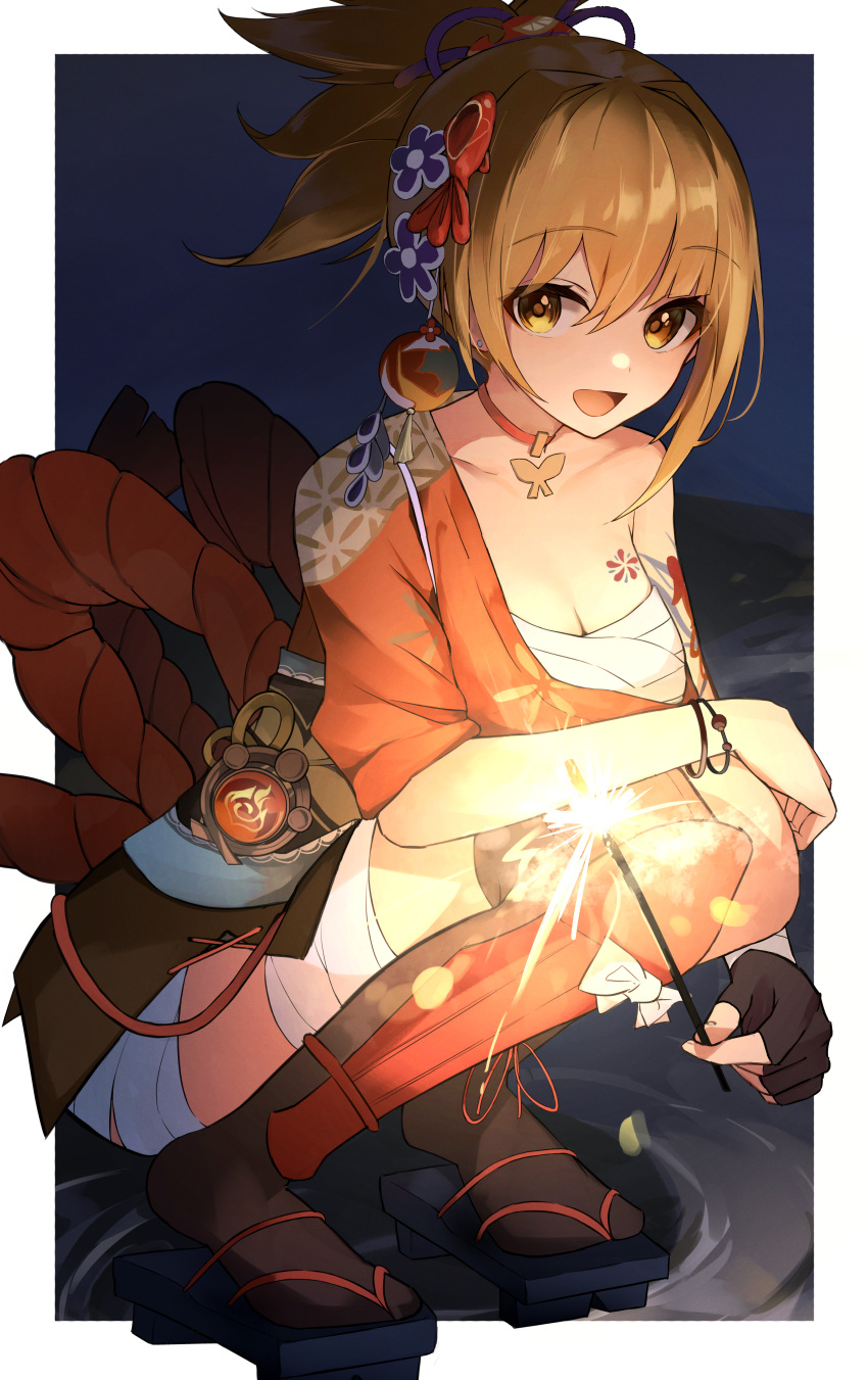 1girl absurdres arm_tattoo asymmetrical_legwear black_gloves black_socks blonde_hair breasts chest_sarashi chest_tattoo choker commentary fingerless_gloves fireworks genshin_impact gloves hair_ornament highres japanese_clothes kimono leg_armor looking_at_viewer medium_breasts open_mouth orange_eyes orange_kimono ponytail qure_h4 red_choker sarashi short_kimono single_fingerless_glove smile socks solo squatting tattoo thighs vision_(genshin_impact) yoimiya_(genshin_impact)