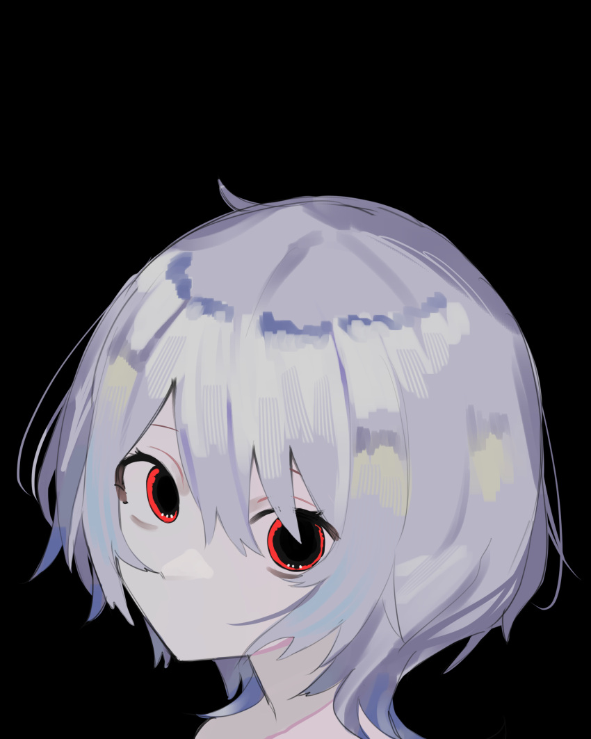 1girl absurdres bangs black_background copyright_request grey_hair highres no_mouth portrait red_eyes short_hair simple_background sirayukisiu solo