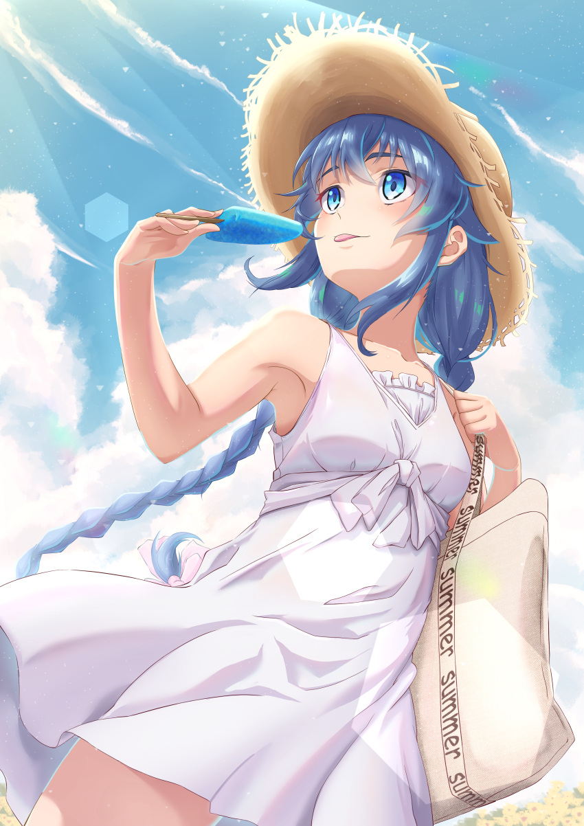 1girl absurdres bag bangs blue_eyes blue_hair blue_sky braid breasts collarbone day dress floating_hair food hair_between_eyes hat highres holding holding_food honba_misaki lens_flare long_hair low_twintails mushoku_tensei outdoors popsicle roxy_migurdia shiny shiny_hair short_dress sky sleeveless sleeveless_dress small_breasts solo straw_hat summer sun_hat sundress sunlight tongue tongue_out twin_braids twintails very_long_hair white_dress