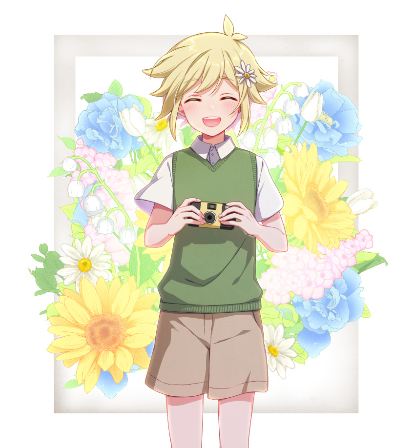 1boy absurdres basil_(omori) blonde_hair blush brown_shorts camera closed_eyes collared_shirt facing_viewer flower green_sweater_vest hair_flower hair_ornament highres holding holding_camera manimarough omori open_mouth shirt short_hair short_sleeves shorts smile solo sweater_vest teeth upper_teeth white_shirt