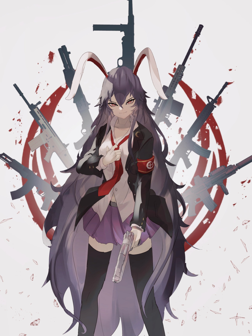 1girl absurdres animal_ears bangs black_thighhighs closed_mouth crescent crescent_pin gun hair_between_eyes highres holding holding_gun holding_weapon long_hair long_sleeves looking_at_viewer loose_necktie naufaldreamer necktie pink_skirt pleated_skirt purple_hair rabbit_ears red_necktie reisen_udongein_inaba shirt skirt smile solo standing suit_jacket tagme thigh-highs touhou v-shaped_eyebrows violet_eyes weapon white_shirt