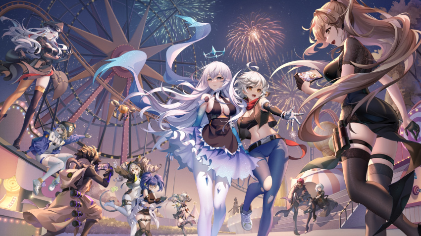 black_dress black_pantyhose blue_dress blue_hair bodysuit breasts claudia_(tower_of_fantasy) cobalt-b_(tower_of_fantasy) cocoritter_(tower_of_fantasy) crow_(tower_of_fantasy) dress fireworks grey_hair highres holding holding_phone huma_(tower_of_fantasy) king_(tower_of_fantasy) long_hair medium_breasts meryl_(tower_of_fantasy) multiple_boys multiple_girls night open_mouth pantyhose phone samir_(tower_of_fantasy) shiro_(tower_of_fantasy) short_hair smile tower_of_fantasy tsubasa_(tower_of_fantasy) twintails wanderer_(tower_of_fantasy) white_bodysuit white_hair white_pantyhose yellow_eyes yue_xiao_e zero_(tower_of_fantasy)