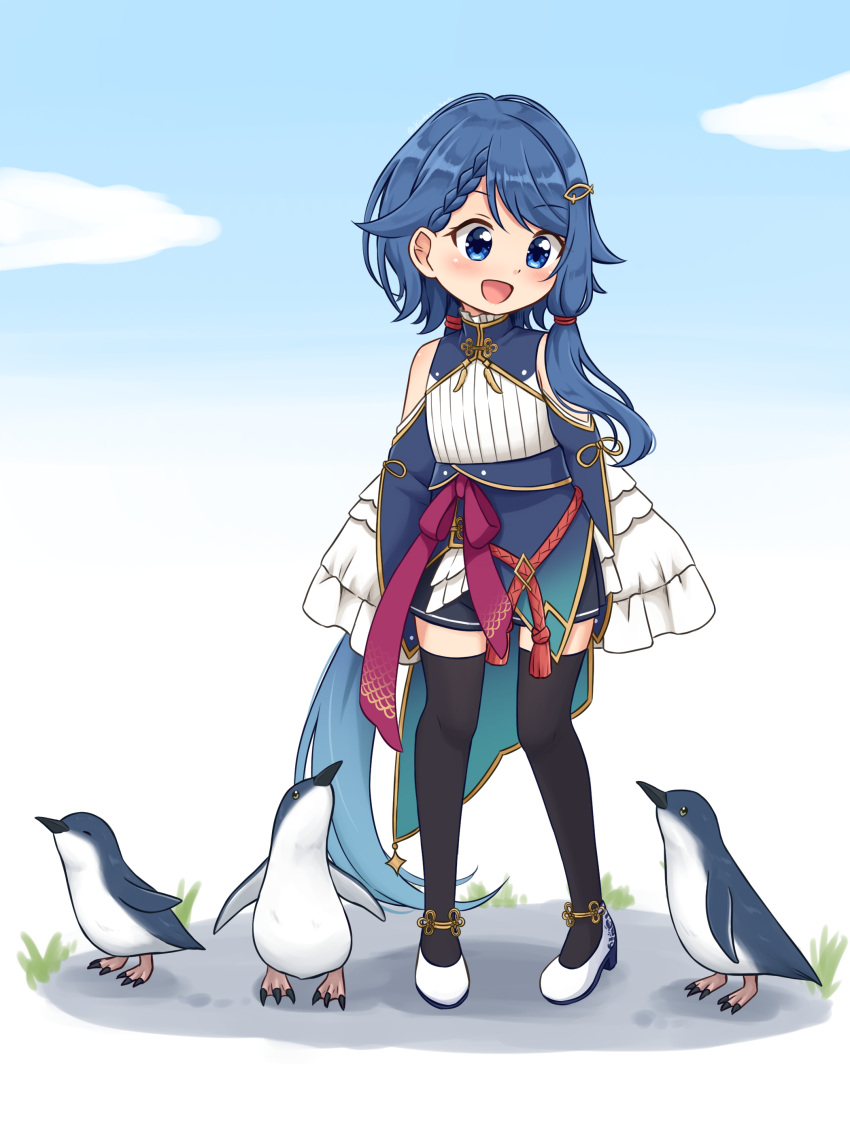 1girl :d absurdres animal bangs bare_shoulders bird black_thighhighs blue_eyes blue_hair blue_sky braid braided_bangs clouds commentary full_body hair_ornament hairclip highres long_hair looking_away low_ponytail open_mouth penguin project_gen2 shiraha_maru shoes single_sidelock sky smile solo standing thigh-highs tsubasa_aiba very_long_hair virtual_youtuber white_footwear zettai_ryouiki
