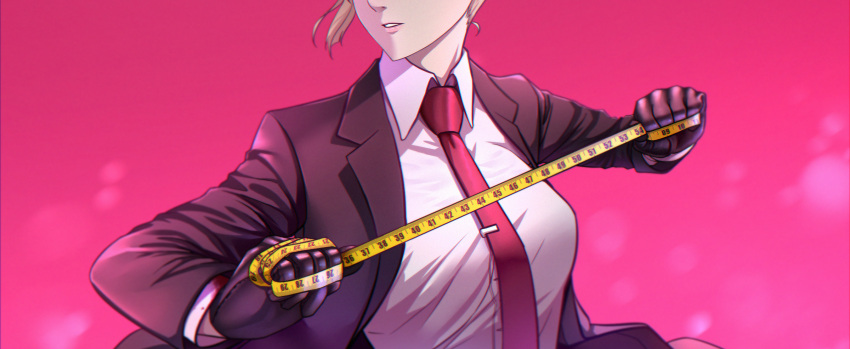 1girl agent_47 agent_47_(cosplay) arms_up black_gloves black_suit blonde_hair blood blood_stain braid breasts chinese_commentary collared_shirt cosplay cropped derivative_work formal girls_frontline gloves green_eyes highres hitman_(game) looking_to_the_side lzypoipoi medium_breasts necktie parted_lips pink_background red_necktie screencap_redraw shirt solo suit tape_measure tie_clip twintails upper_body welrod_mkii_(girls'_frontline) white_shirt