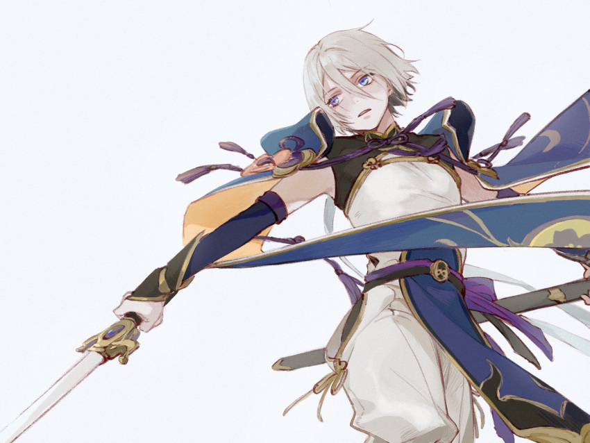1boy bangs bishounen black_gloves blue_eyes bridal_gauntlets chinese_armor chinese_clothes cowboy_shot detached_sleeves fate/grand_order fate_(series) gloves gold_trim grey_background grey_hair hair_between_eyes highres holding holding_sword holding_weapon looking_away magatama male_focus no_mask pants parted_lips prince_of_lan_ling_(fate) shirt short_hair simple_background solo sword tassel weapon white_pants zeloco