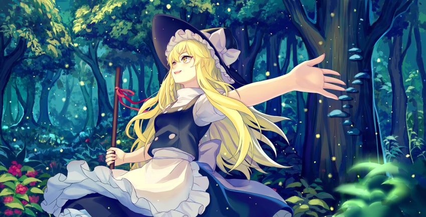 1girl :d apron back_bow berry black_headwear black_skirt black_vest blonde_hair blush bow braid broom bush buttons commission cowboy_shot fingernails fireflies forest grass hair_between_eyes hat hat_bow holding holding_broom kirisame_marisa long_hair looking_up mirror_(xilu4) mushroom nature open_mouth outdoors outstretched_arm plant puffy_short_sleeves puffy_sleeves red_ribbon ribbon shirt short_sleeves single_braid skirt smile solo teeth touhou turtleneck very_long_hair vest waist_apron white_apron white_bow white_shirt witch_hat yellow_eyes
