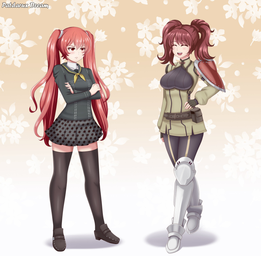 2girls absurdres armored_boots boots commission cosplay costume_switch crossed_arms crossover fingerless_gloves fire_emblem fire_emblem_awakening gloves hair_tie hand_on_hip highres kujikawa_rise multiple_girls patdarux persona persona_4 redhead school_uniform severa_(fire_emblem) simple_background skirt smile thigh-highs tsundere twintails