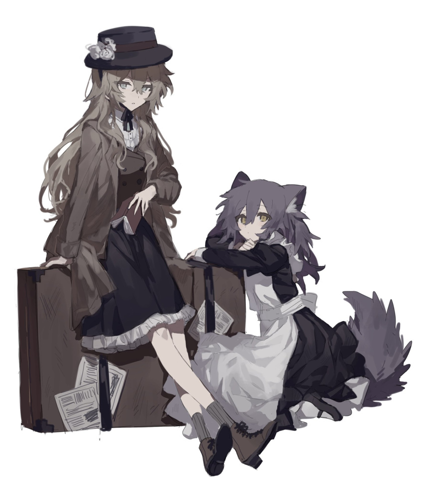 2girls animal_ears apron bangs black_dress black_headwear black_skirt blue_eyes book boots brown_bag brown_coat brown_footwear brown_hair closed_mouth coat commentary_request crossed_arms dress flower frilled_shirt_collar frilled_skirt frills full_body grey_socks hat hat_flower highres holding holding_book juliet_sleeves leaning_on_object long_hair long_sleeves looking_at_viewer luggage maid maid_apron multiple_girls open_book open_clothes open_coat original parted_lips puffy_sleeves seiza shirt simple_background sisio_kun sitting skirt socks tail waist_coat white_apron white_background white_flower white_shirt wolf_ears wolf_girl wolf_tail yellow_eyes