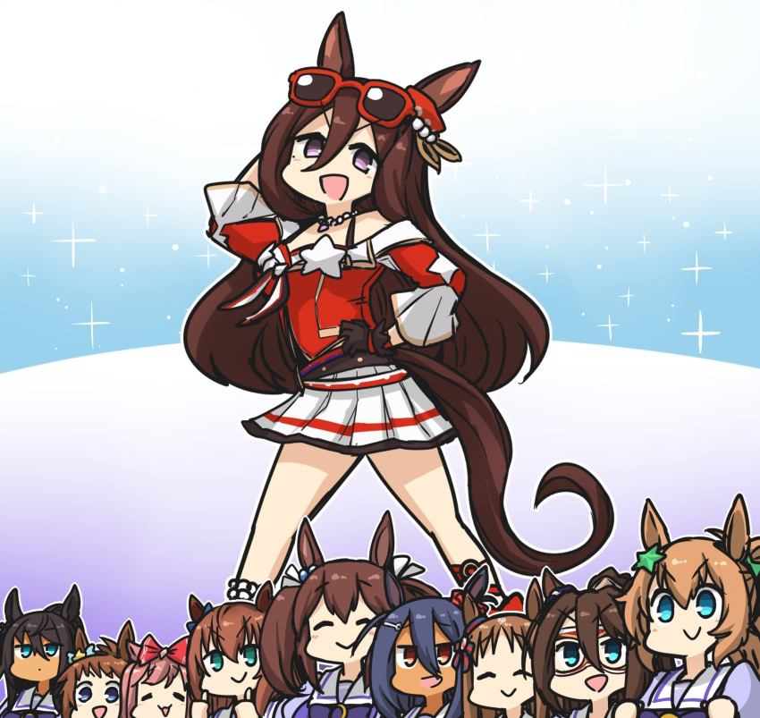 6+girls agnes_digital_(umamusume) animal_ears bow character_request commentary_request el_condor_pasa_(umamusume) glasses grass_wonder_(umamusume) hair_bow hamu_koutarou highres hishi_akebono_(umamusume) hishi_amazon_(umamusume) horse_ears horse_girl horse_tail looking_at_viewer maruzensky_(umamusume) multiple_girls school_uniform seeking_the_pearl_(umamusume) simple_background smile standing taiki_shuttle_(umamusume) tail thumbs_up tracen_school_uniform umamusume