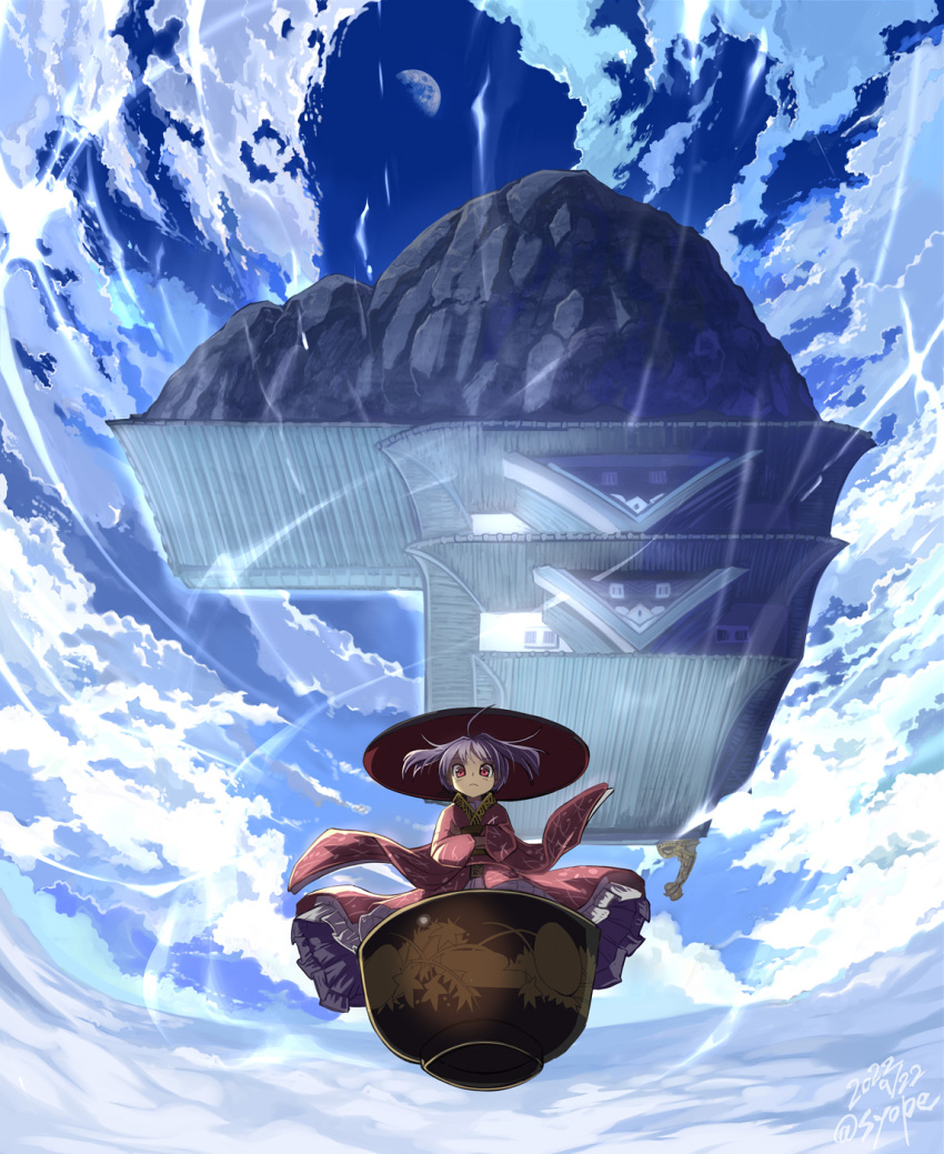 1girl black_headwear blue_sky bowl bowl_hat clouds floating_island frilled_kimono frills full_body hat highres japanese_clothes kimono long_sleeves looking_at_viewer outdoors purple_hair red_eyes red_kimono rock shope short_hair sky solo sukuna_shinmyoumaru touhou wide_sleeves