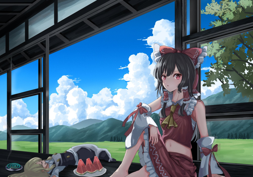 2girls ascot barefoot black_hair blonde_hair blue_sky bow closed_eyes clouds detached_sleeves erisauria food fruit gradient_sky grass hair_bow hakurei_reimu highres kirisame_marisa knee_up long_hair looking_at_viewer mountain multiple_girls navel open_mouth outdoors red_bow red_eyes red_shirt red_skirt shirt short_hair shrine sitting skirt sky touhou watermelon watermelon_slice yellow_ascot