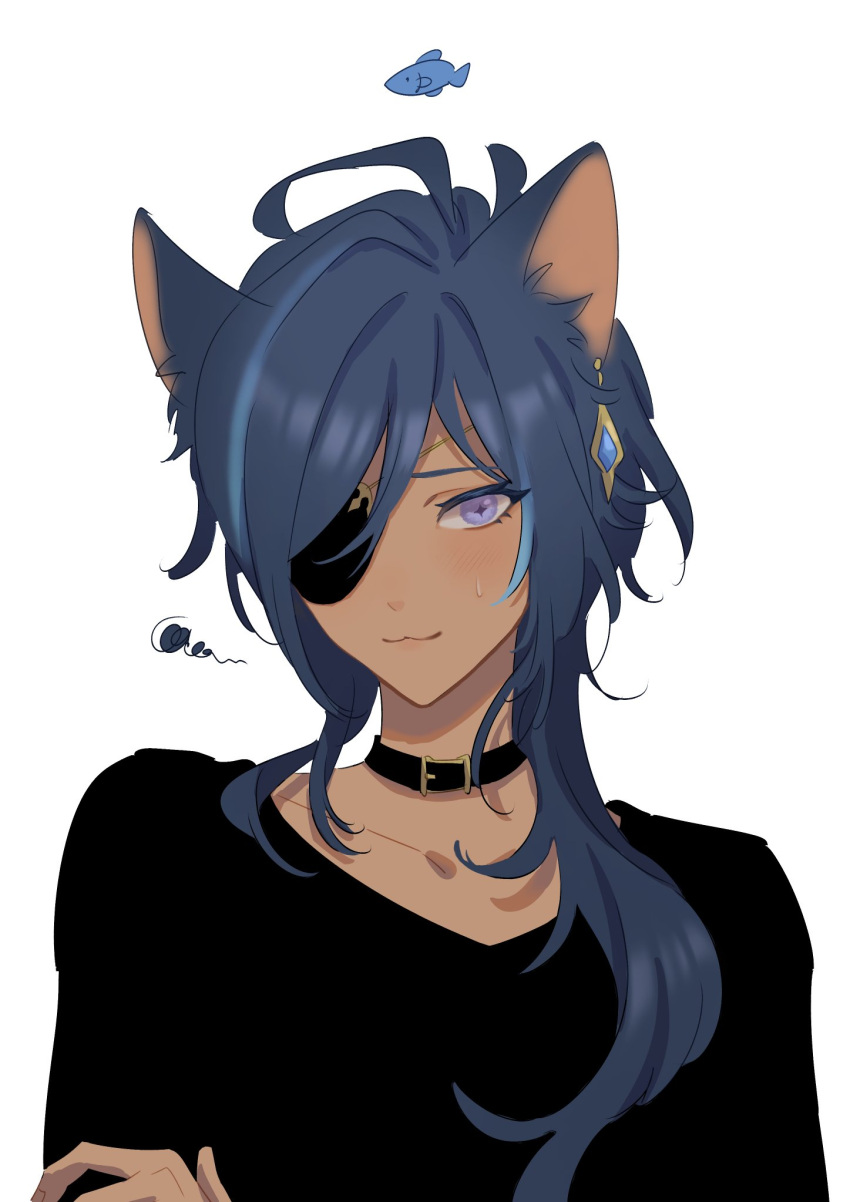 1boy :3 animal_ear_fluff animal_ears antenna_hair bangs black_choker blue_eyes blue_hair cat_ears choker collarbone commentary_request dark-skinned_male dark_skin earrings eyepatch genshin_impact hair_over_shoulder highres jewelry kaeya_(genshin_impact) kumi_zmb male_focus multicolored_hair short_hair_with_long_locks simple_background single_earring solo squiggle star-shaped_pupils star_(symbol) streaked_hair symbol-shaped_pupils upper_body white_background