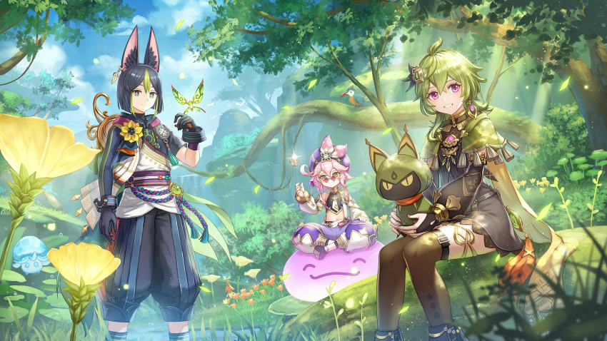 1boy 2girls ahoge anbe_yoshirou animal_ear_fluff animal_ears arm_up asymmetrical_sleeves baggy_pants bangs black_gloves blunt_ends blush bridal_gauntlets capelet closed_mouth collei_(genshin_impact) commentary_request crop_top crossed_bangs crystalfly_(genshin_impact) cuilein-anbar_(genshin_impact) day dori_(genshin_impact) drawing earrings falling_leaves flower forest fox_boy fox_ears fox_tail genshin_impact gloves green_capelet green_eyes green_hair grin hair_ornament highres hood hood_down hoodie jewelry leaf long_hair long_sleeves looking_at_viewer medal multicolored_hair multiple_girls nature necklace outdoors pants pink_hair puffy_long_sleeves puffy_sleeves rope_belt shiny shiny_hair short_hair shoulder_cape single_earring sitting smile standing streaked_hair tail tassel tighnari_(genshin_impact) two-tone_gloves violet_eyes vision_(genshin_impact) yellow_eyes yellow_flower