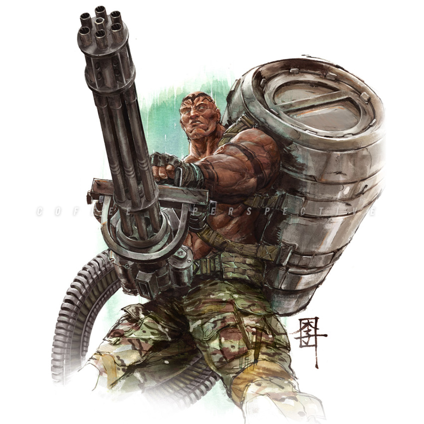 1boy character_request commentary dark-skinned_male dark_skin fingerless_gloves gloves gun highres holding holding_gun holding_weapon looking_at_viewer male_focus marcwashere metal_gear_(series) metal_gear_solid military military_uniform muscular muscular_male rifle simple_background solo teeth uniform united_states_army vulcan_raven weapon