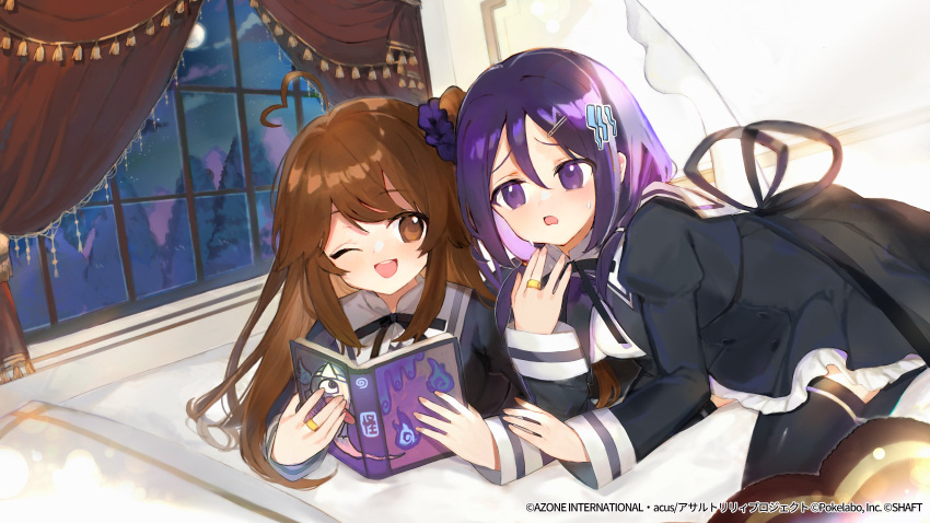 2girls ;d ahoge assault_lily atsumi_jun bangs bed black_ribbon black_skirt black_thighhighs book brown_eyes brown_hair buttons clouds commentary_request cropped_jacket curtains fingernails frilled_skirt frills full_moon hair_between_eyes hair_ornament hair_scrunchie hairclip hand_on_another's_arm hand_to_own_mouth hands_up heart heart_ahoge high-waist_skirt highres holding holding_book indoors jewelry juliet_sleeves leaning_forward leg_ribbon leg_up long_hair long_sleeves looking_at_object low_twintails lying miniskirt moon multiple_girls neck_ribbon night night_sky no_shoes official_art on_bed on_stomach one_eye_closed one_side_up open_book open_mouth pantyhose parted_lips puffy_sleeves purple_hair purple_scrunchie ribbon ring scared school_uniform scrunchie seiza shirt short_twintails side-by-side sidelocks sitting skirt sky smile soles sweat swept_bangs takasuga_tsukushi tassel teeth thigh-highs thigh_ribbon tree twintails upper_teeth violet_eyes watanabe_akane watermark wavy_mouth white_pantyhose white_ribbon white_shirt yurigaoka_girls_academy_school_uniform