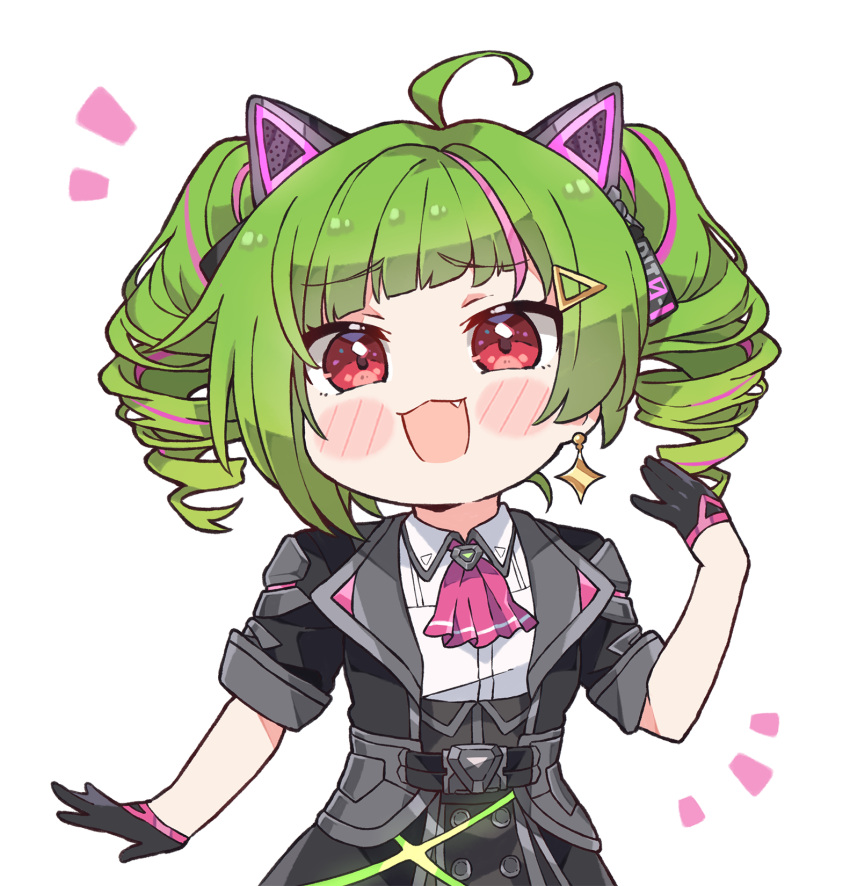 1girl :3 :d ahoge animal_ears ascot black_gloves black_jacket black_skirt blush blush_stickers cat_ears collared_shirt commentary cowboy_shot delutaya drill_hair earrings fang furrowed_brow gloves green_hair hair_ornament hairclip hand_up highres indie_virtual_youtuber jacket jewelry kukie-nyan looking_at_viewer multicolored_hair notice_lines pink_ascot pink_hair red_eyes shirt short_sleeves sidelocks simple_background skirt smile solo streaked_hair twin_drills twintails virtual_youtuber white_background white_shirt