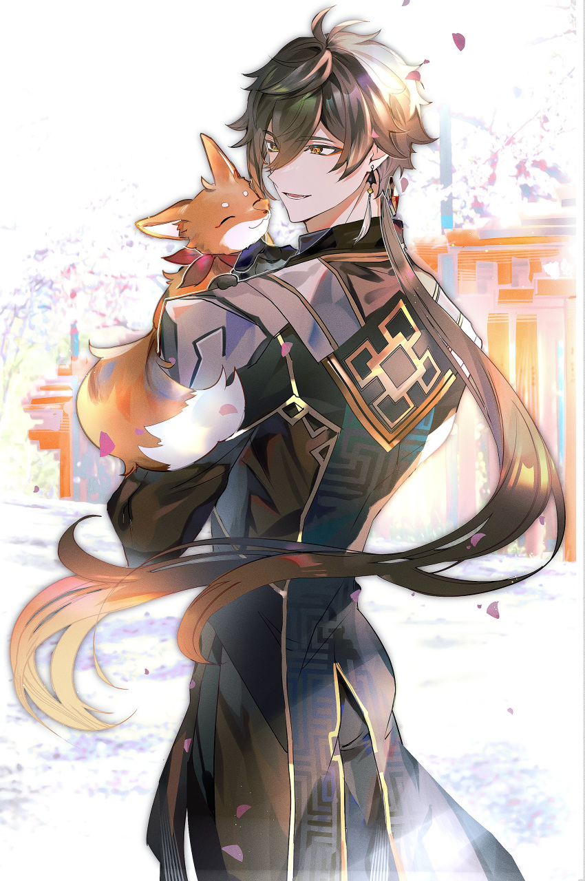 1boy :3 absurdres animal antenna_hair bangs black_pants bloom brown_eyes brown_hair brown_jacket cherry_blossoms closed_eyes coattails colored_tips commentary cowboy_shot earrings eyeshadow floating_hair formal fox genshin_impact gradient_hair hair_between_eyes highres holding holding_animal jacket jewelry light_rays long_hair long_sleeves looking_back low_ponytail makeup male_focus multicolored_hair open_mouth orange_hair outdoors pants petals plus_q ponytail red_eyeshadow sidelocks single_earring smile solo standing symbol-only_commentary tassel tassel_earrings tree very_long_hair zhongli_(genshin_impact)