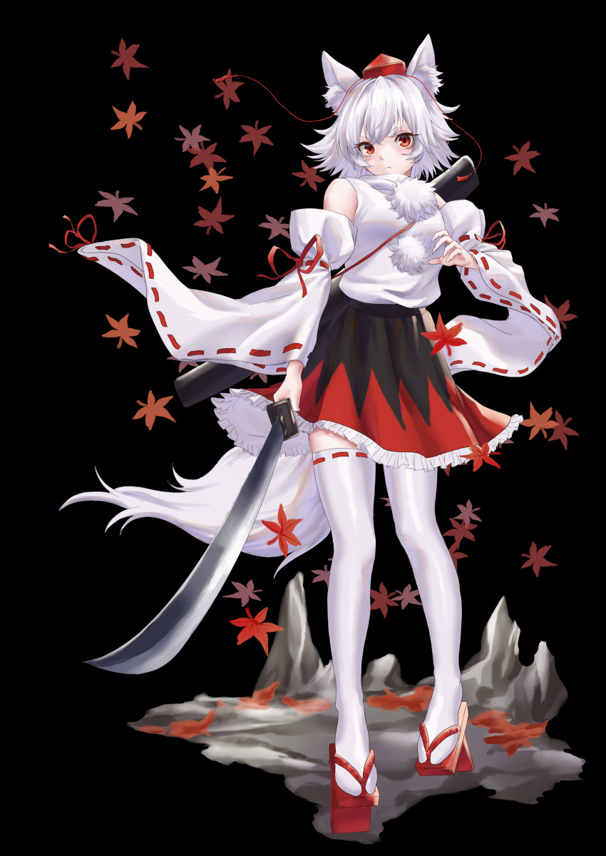1girl absurdres animal_ear_fluff animal_ears bangs bare_shoulders black_background black_skirt closed_mouth detached_sleeves full_body geta hayaten highres holding holding_sword holding_weapon inubashiri_momiji leaf looking_at_viewer maple_leaf pom_pom_(clothes) red_eyes sheath shirt simple_background skirt solo standing sword thigh-highs touhou weapon white_hair white_shirt white_sleeves white_thighhighs wolf_ears wolf_girl