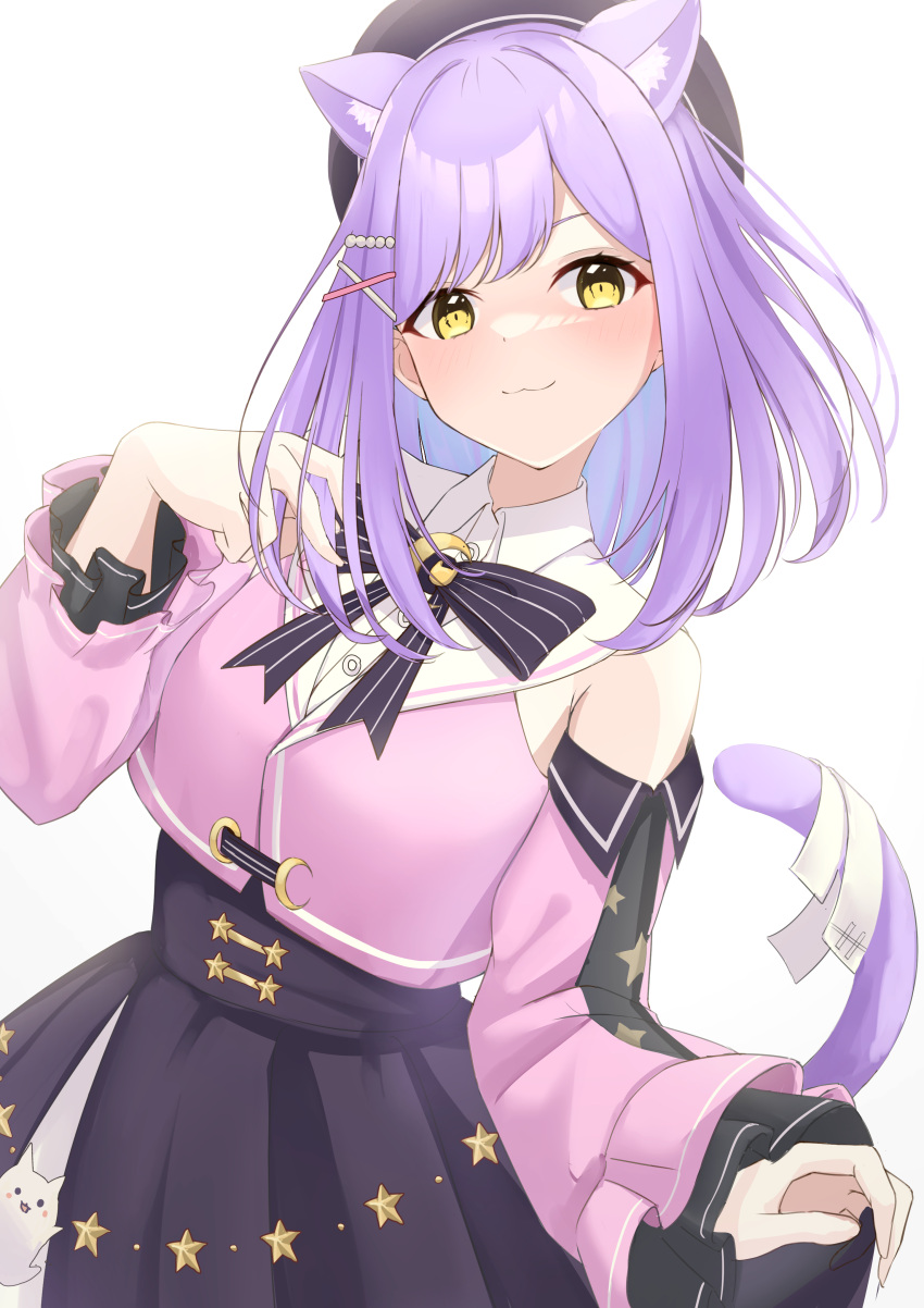 1girl :3 absurdres animal_ears beret black_bow black_headwear black_skirt blue_hair blush bow cat_ears cat_girl cat_tail clothing_cutout colored_inner_hair frilled_sleeves frills ghost hair_ornament hat highres leaning_to_the_side light_blue_hair light_purple_hair long_sleeves looking_at_viewer medium_hair multicolored_hair official_alternate_costume pink_shirt pleated_skirt shinomiya_runa shirt shoulder_cutout simple_background skirt solo tail unidon_48 virtual_youtuber vspo! white_background x_hair_ornament yellow_eyes