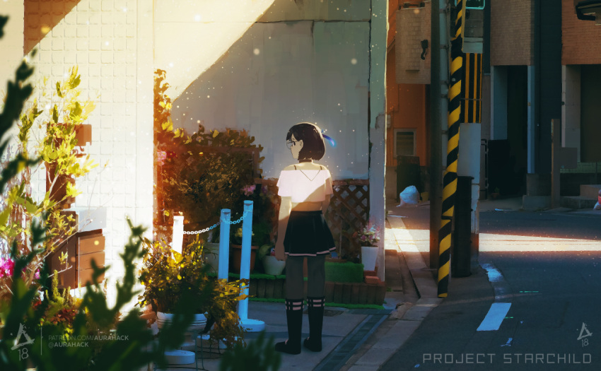 1girl artist_name aurahack black_footwear black_hair black_skirt bra_strap crop_top day from_behind glasses original outdoors patreon_username pleated_skirt short_hair short_sleeves skirt solo web_address