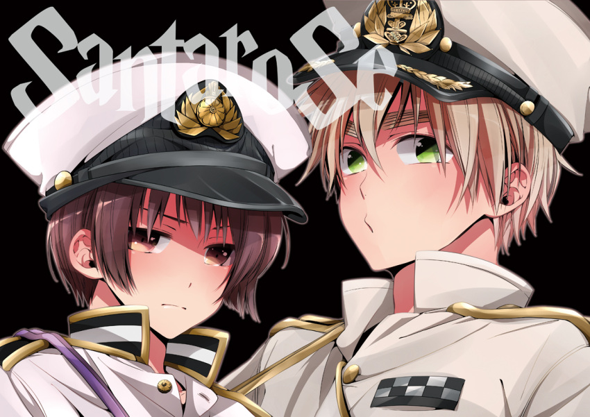 2boys axis_powers_hetalia bangs black_background blonde_hair blush brown_eyes brown_hair closed_mouth english_text green_eyes hair_between_eyes hat jacket japan_(hetalia) looking_at_viewer looking_to_the_side male_focus military military_hat military_jacket military_uniform multiple_boys peaked_cap serious short_hair simple_background uniform united_kingdom_(hetalia) upper_body youko_(santarose)