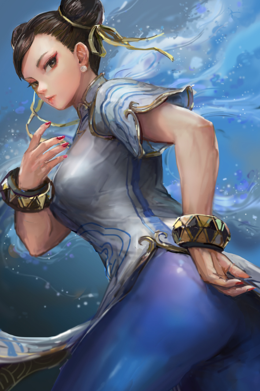 1girl absurdres ass blue_pantyhose brown_hair china_dress chinese_clothes chun-li double_bun dress earrings eyelashes hair_bun hand_on_hip highres jewelry looking_at_viewer michemashu nail_polish pantyhose parted_lips short_hair short_sleeves solo street_fighter street_fighter_6