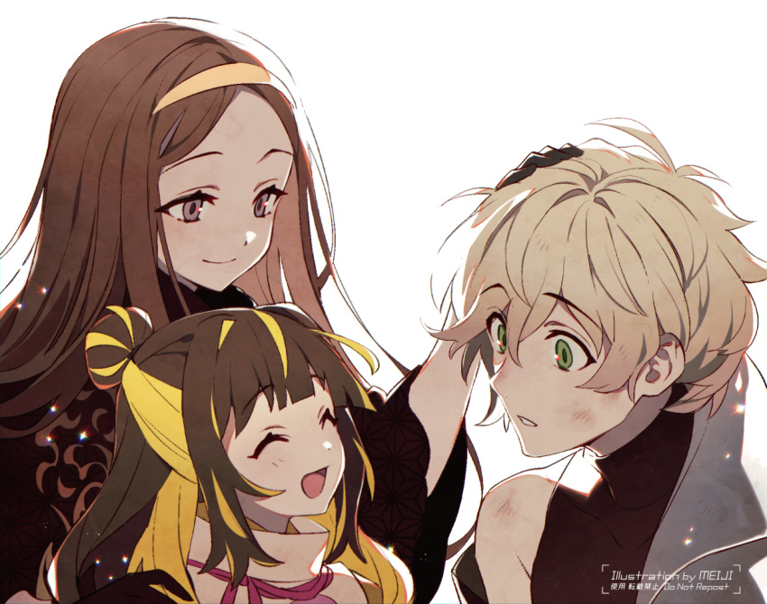 1girl 2boys ^_^ ^o^ artist_name bangs black_gloves blonde_hair blush brown_eyes brown_hair chacha_(fate) child closed_eyes closed_mouth commentary_request fate/grand_order fate_(series) gloves green_eyes grey_hair hair_tie hairband hand_on_another's_head head_rub ishida_mitsunari_(fate) japanese_clothes long_hair long_sleeves looking_at_another male_child meiji_ken mother_and_son multicolored_hair multiple_boys no_headwear open_mouth parted_bangs parted_lips short_hair shusha_(fate) sidelocks simple_background smile turtleneck two-tone_hair upper_body very_long_hair white_background wide_sleeves yellow_hairband