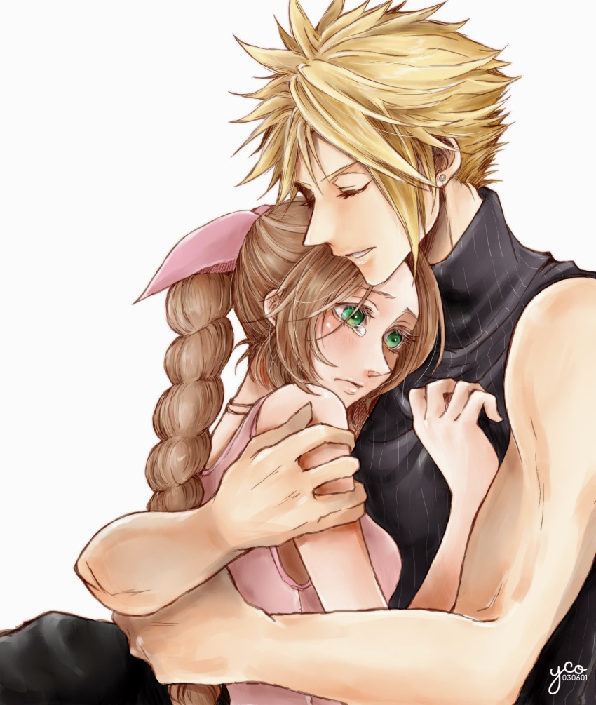 1boy 1girl artist_name bangs bare_arms blonde_hair braid braided_ponytail brown_hair choker closed_mouth comforting crying dress earrings final_fantasy final_fantasy_vii final_fantasy_vii_remake green_eyes grey_pants grey_shirt hair_ribbon hand_on_another's_chest hand_on_another's_shoulder highres hug jewelry long_hair pants parted_bangs parted_lips pink_dress pink_ribbon ribbon shirt short_hair single_earring sleeveless sleeveless_dress sleeveless_turtleneck spiky_hair talking tea turtleneck upper_body white_background yco_030601