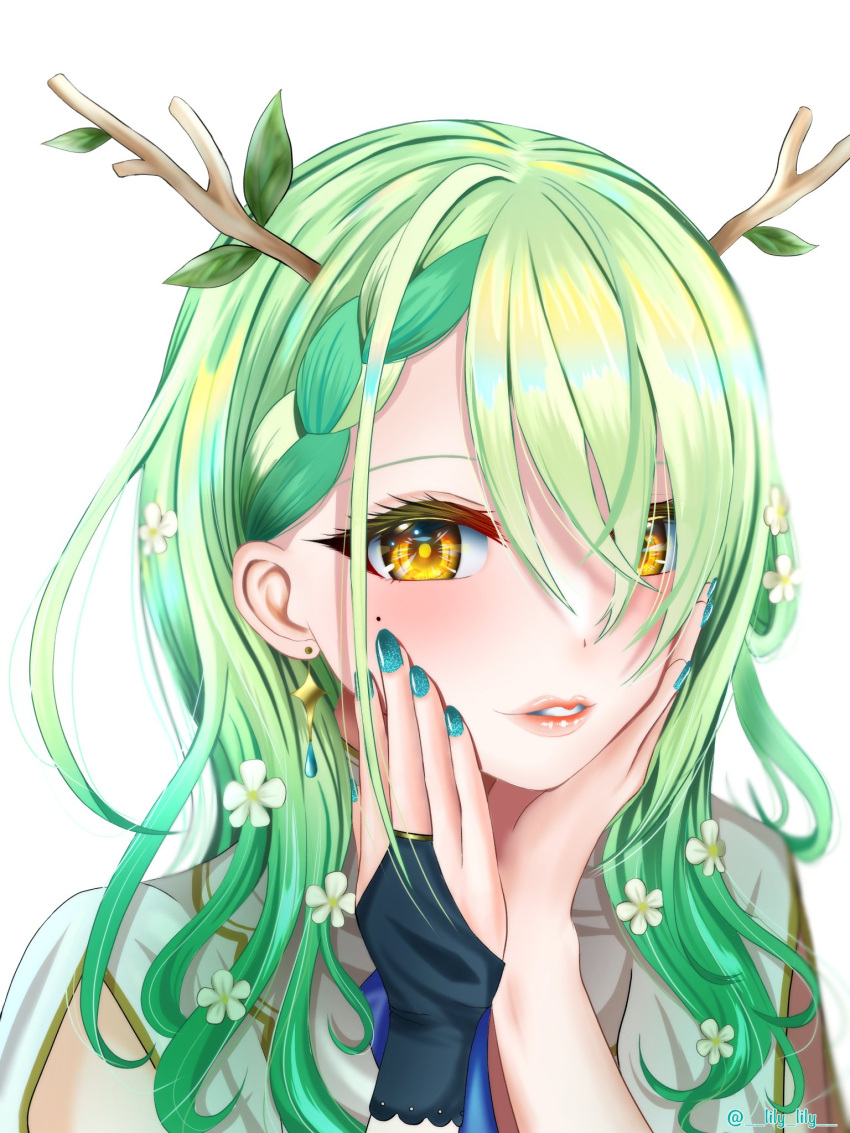 1girl bangs blush braid branch ceres_fauna earrings flower green_hair hair_flower hair_ornament hands_on_own_face highres hololive hololive_english horns jewelry leaf lily_lily lipstick looking_at_viewer makeup medium_hair mole nail_polish parted_lips wavy_hair white_background yellow_eyes