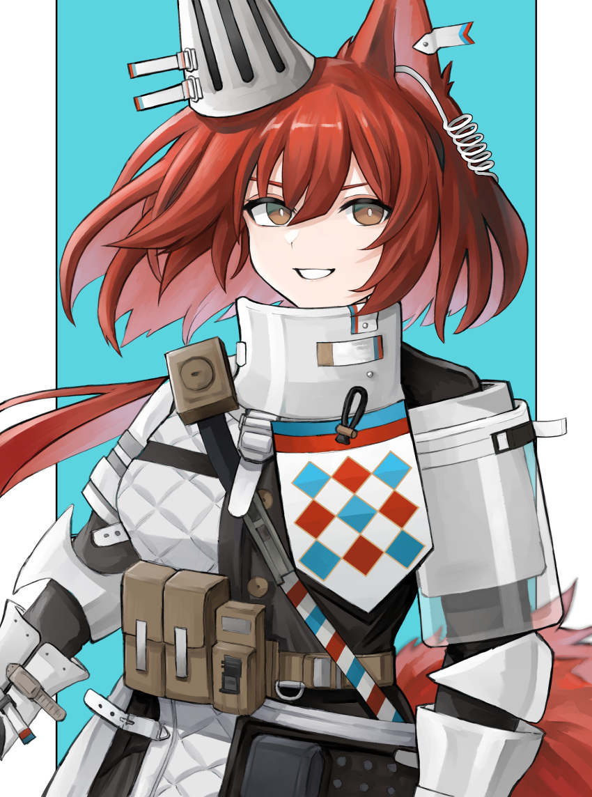 1girl absurdres animal_ears arknights armor blue_background breastplate brown_eyes ear_covers ear_tag earpiece flametail_(arknights) gauntlets hair_between_eyes highres looking_at_viewer outside_border parted_lips pillarboxed ponytail rain_(rain8649) red_eyes simple_background smile solo squirrel_ears squirrel_girl squirrel_tail tail upper_body