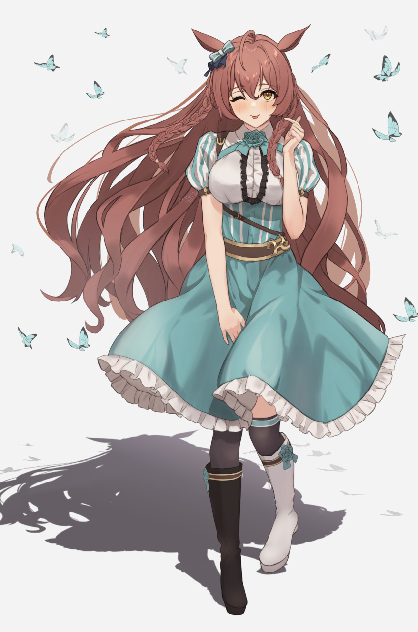 1girl absurdres ahoge animal_ears asymmetrical_footwear black_footwear black_thighhighs blush boots braid breasts brown_hair bug butterfly commentary_request dress frilled_dress frills full_body green_dress hanazawa_ma highres horse_ears horse_girl knee_boots large_breasts long_hair mejiro_bright_(umamusume) mismatched_footwear one_eye_closed shadow solo standing thigh-highs tongue tongue_out twin_braids umamusume very_long_hair white_footwear yellow_eyes