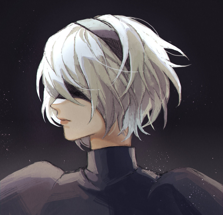 1girl absurdres black_background black_blindfold black_dress black_hairband blindfold bob_cut closed_mouth covered_eyes dress facing_to_the_side hair_between_eyes hairband highres montaro nier_(series) nier_automata portrait puffy_sleeves short_hair solo turtleneck_dress upper_body white_hair yorha_no._2_type_b