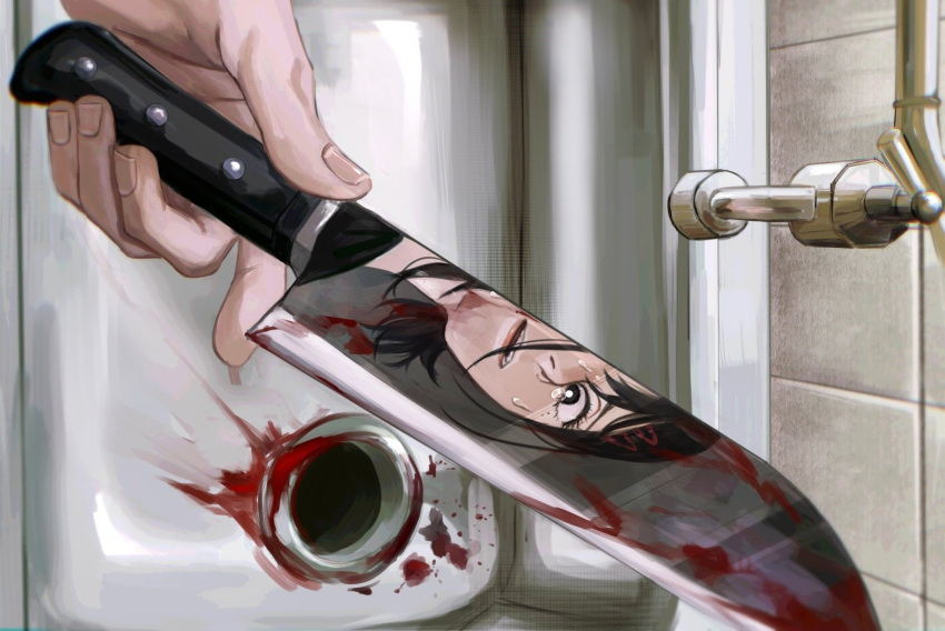 1girl black_eyes black_hair blood chainsaw_man faucet higashiyama_kobeni highres holding holding_knife knife ndsoda reflection sink solo sweat