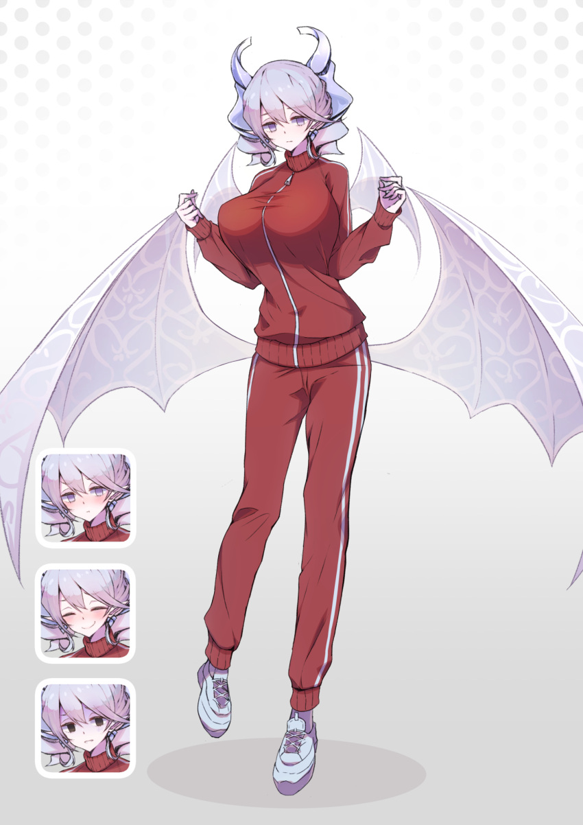 1girl blush breasts demon_girl demon_horns demon_wings duel_monster full_body highres horns large_breasts lovely_labrynth_of_the_silver_castle medium_hair mosu_(korikan) shaded_face shoes simple_background smile sneakers solo track_suit white_eyes white_hair wings yu-gi-oh!