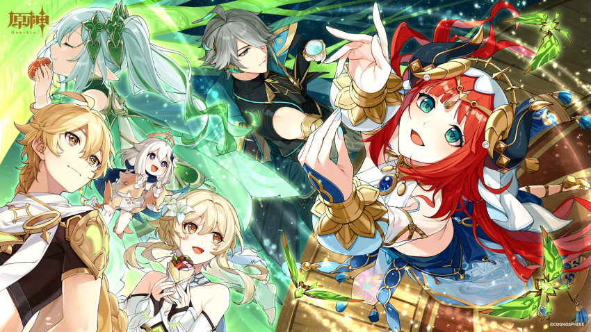 1girl aether_(genshin_impact) alhaitham_(genshin_impact) bangs bare_shoulders blonde_hair blue_eyes breasts brooch crop_top detached_sleeves dress elbow_gloves female_child forehead_jewel genshin_impact gloves gradient_hair green_eyes green_hair hair_between_eyes hair_ornament harem_outfit highres horns jewelry long_hair long_sleeves lumine_(genshin_impact) medium_breasts multicolored_hair nahida_(genshin_impact) navel nilou_(genshin_impact) official_art pointy_ears redhead short_hair short_hair_with_long_locks side_ponytail sidelocks skirt sleeveless sleeveless_dress smile solo stomach twintails veil white_dress white_gloves white_hair yellow_eyes