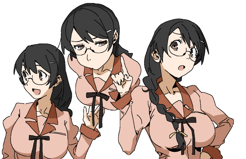 1girl braid brown_eyes expressions from_above glasses hair_ornament hairclip hanekawa_tsubasa ichisannyonn index_finger_raised long_hair long_sleeves looking_at_viewer looking_away monogatari_(series) open_mouth puffy_long_sleeves puffy_sleeves solo