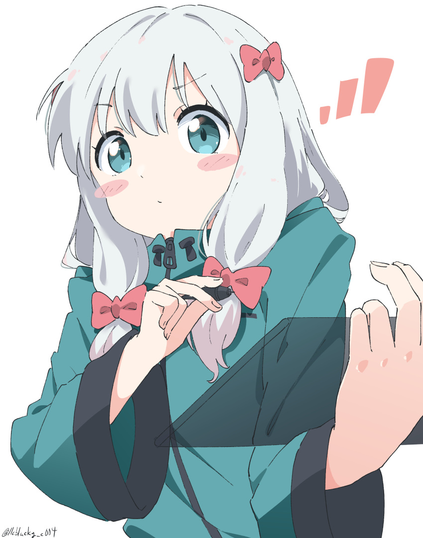 1girl absurdres aqua_eyes aqua_jacket blush_stickers bow commentary cynical_(llcbluckg_c004) dot_mouth drawing_tablet eromanga_sensei grey_hair hair_bow hands_up highres holding holding_stylus izumi_sagiri jacket long_hair long_sleeves looking_at_viewer low-tied_long_hair red_bow simple_background solo stylus twitter_username upper_body white_background wide_sleeves