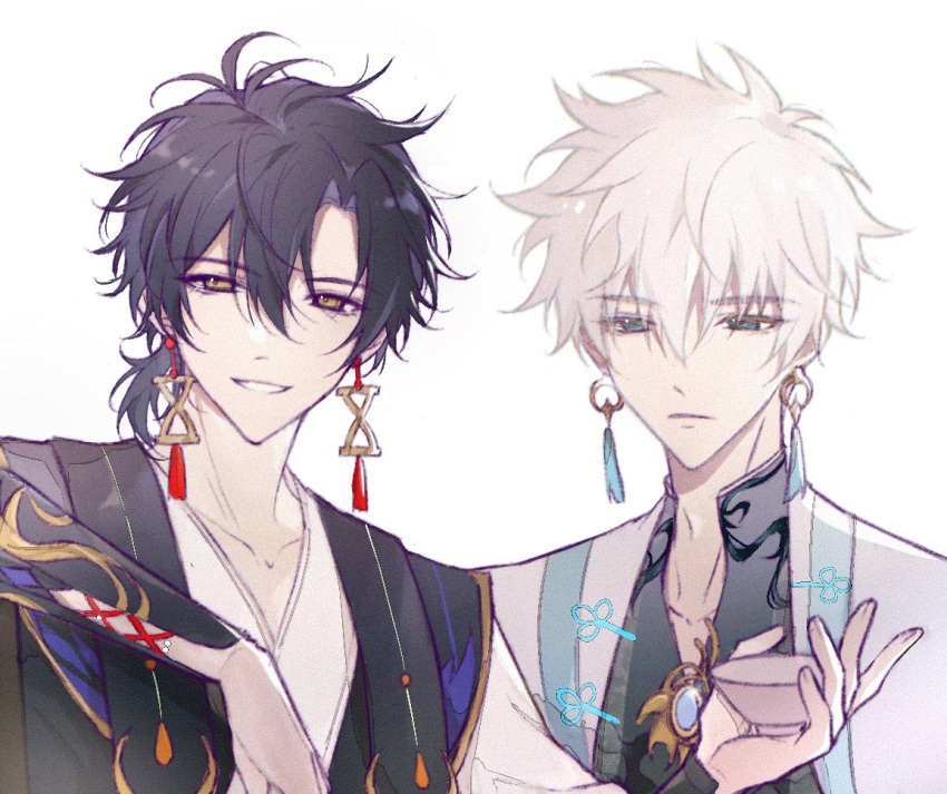 2boys 9095898383 alcohol alternate_costume black_hair cheng_xiaoshi earrings hua_yi_shan_xin_zhi_yue jewelry looking_at_viewer lu_guang male_focus multiple_boys shiguang_dailiren short_hair tassel tassel_earrings white_background white_hair yellow_eyes