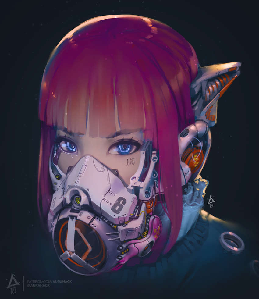 1girl aurahack bangs black_background blue_eyes blunt_bangs cyberpunk eyelashes eyeshadow facial_mark high_collar highres looking_at_viewer makeup mask mechanical_ears mouth_mask original patreon_username pink_hair portrait science_fiction sidelocks simple_background solo watermark web_address