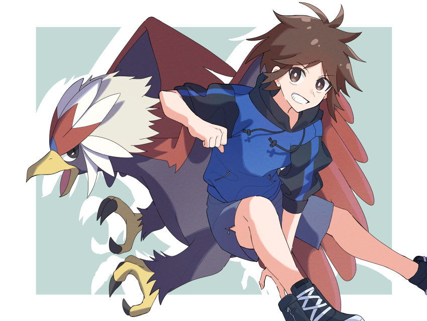 1boy absurdres alternate_costume antenna_hair bangs black_footwear blue_jacket border braviary bright_pupils brown_eyes brown_hair clenched_hand commentary grey_shorts grin hand_up highres jacket jayj_824 looking_at_viewer male_focus nate_(pokemon) pokemon pokemon_(creature) pokemon_(game) pokemon_bw2 shoes short_hair shorts smile spread_legs teeth white_border white_pupils