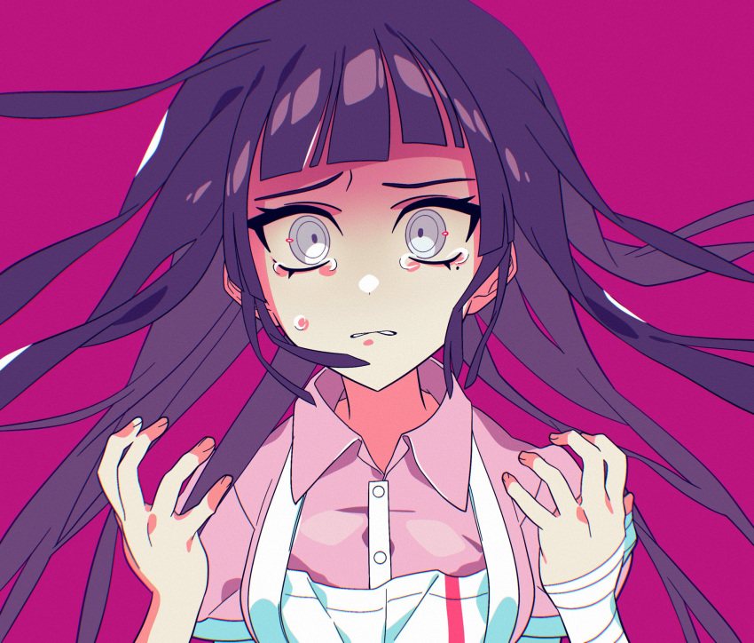 1girl alternate_eye_color apron arare_(op_ed_000) bandaged_arm bandages bangs black_hair breasts collared_shirt commentary_request danganronpa_(series) danganronpa_2:_goodbye_despair dress_shirt grey_eyes hands_up highres large_breasts looking_at_viewer mole mole_under_eye parted_lips pink_background pink_shirt shiny shiny_hair shirt simple_background solo tears teeth tsumiki_mikan white_apron