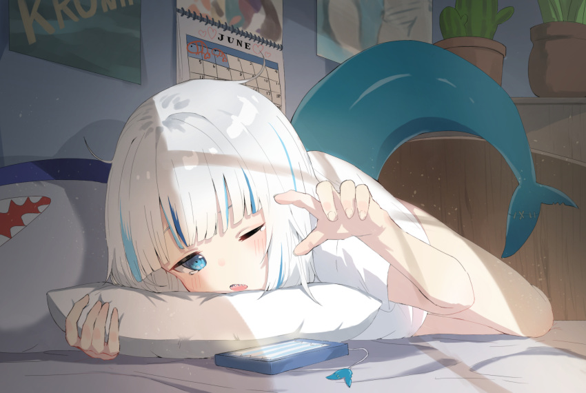 1girl bangs bed bedroom blue_hair blunt_bangs blush calendar_(object) cellphone cellphone_charm charm_(object) commentary fish_tail full_body gawr_gura highres hololive hololive_english light_particles long_hair lying mogu9_9 multicolored_hair on_bed on_stomach one_eye_closed open_mouth phone pill plant poster_(object) potted_plant reaching_out shark_tail sharp_teeth shirt smartphone solo streaked_hair stuffed_animal stuffed_shark stuffed_toy tail tearing_up teeth virtual_youtuber waking_up white_hair white_shirt