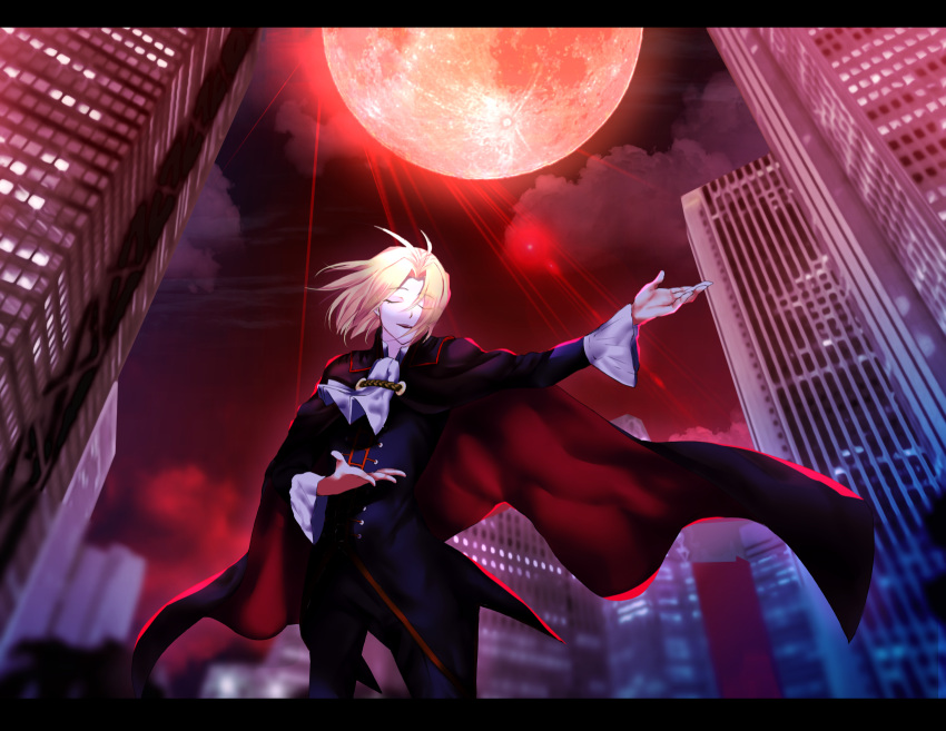 1boy black_border border building cape city closed_eyes closed_mouth clouds collared_shirt floating_hair formal highres male_focus medium_hair melty_blood moon night night_sky okada_pikoguramu open_mouth outstretched_arm red_moon shirt sky tsukihime wallachia wind wind_lift