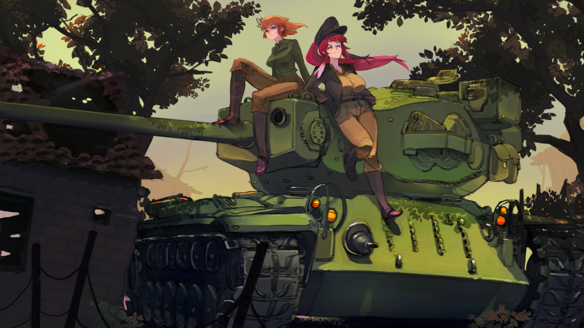 2girls absurdres black_pants boots breasts brown_pants closed_mouth commission floating_hair forest green_shirt grey_jacket ground_vehicle hat heterochromia highres jacket large_breasts long_hair looking_at_viewer military military_uniform military_vehicle motor_vehicle multiple_girls nature open_clothes open_jacket orange_hair original pants peaked_cap polilla ponytail redhead shirt smile tank tree uniform very_long_hair