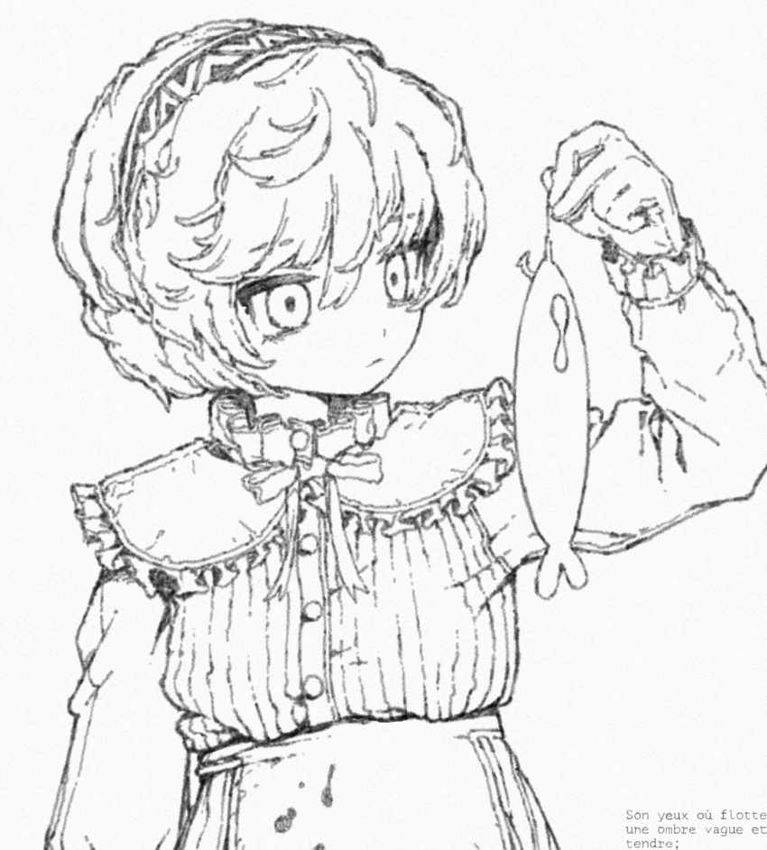 1girl aromemi bangs buttons fish fishing_hook frilled_shirt_collar frilled_sleeves frills gloves greyscale hair_between_eyes hairband hand_up highres holding long_sleeves monochrome neck_ribbon ribbon shirt short_hair striped striped_shirt upper_body vertical-striped_shirt vertical_stripes