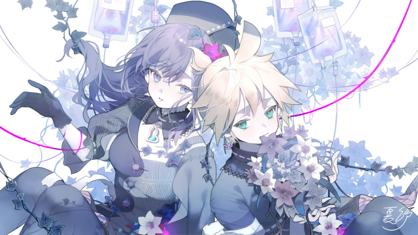 1boy 1girl 25-ji_night_code_de._(project_sekai) arm_cutout asahina_mafuyu black_gloves black_headwear black_pantyhose black_shirt blonde_hair blue_eyes bouquet commentary detached_collar earrings empty_eyes flower flower_earrings gloves grey_shirt hair_flower hair_ornament hat heart_pendant high_ponytail highres holding holding_bouquet intravenous_drip ivy jewelry kagamine_len karohroka long_hair nurse_cap official_art pantyhose pendant_choker plant project_sekai purple_flower purple_hair sad second-party_source shirt short_ponytail sitting two-tone_shirt vines violet_eyes vocaloid white_flower