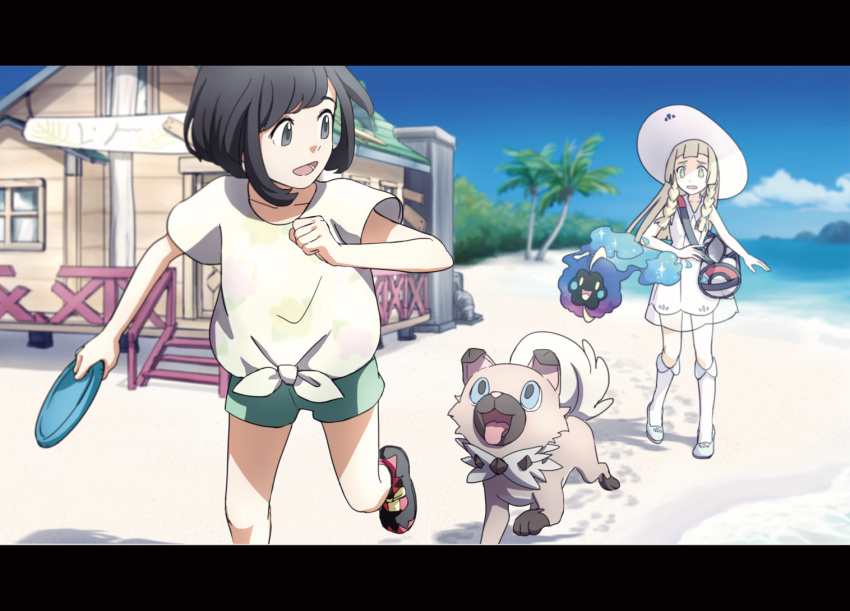 2girls bag beach black_hair commentary_request cosmog floral_print frisbee green_shorts handbag hat house lillie_(pokemon) multiple_girls outdoors palm_tree pokemon pokemon_(creature) pokemon_(game) pokemon_sm rockruff ruidusxyq selene_(pokemon) shirt shoes short_shorts shorts skirt sun_hat thigh-highs tree white_shirt white_skirt