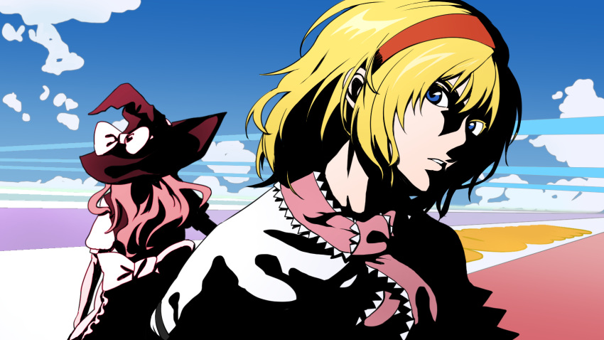2girls alice_margatroid back bangs black_vest bleach blonde_hair blue_eyes bow brown_headwear capelet commentary_request frilled_necktie hat hat_bow high_contrast highres kirisame_marisa long_hair looking_at_viewer minami_koyogi multiple_girls necktie parody pink_necktie puffy_short_sleeves puffy_sleeves shirt short_hair short_sleeves style_parody touhou upper_body vest white_bow white_capelet white_shirt witch_hat