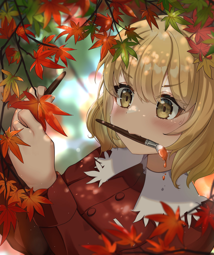 1girl aki_shizuha autumn_leaves bangs blonde_hair blurry blurry_background blush collared_shirt commentary_request highres holding holding_brush holding_leaf leaf long_sleeves maple_leaf medium_hair paintbrush painting_(action) red_shirt shirt solo sweatdrop touhou tree upper_body wheat_retzel yellow_eyes