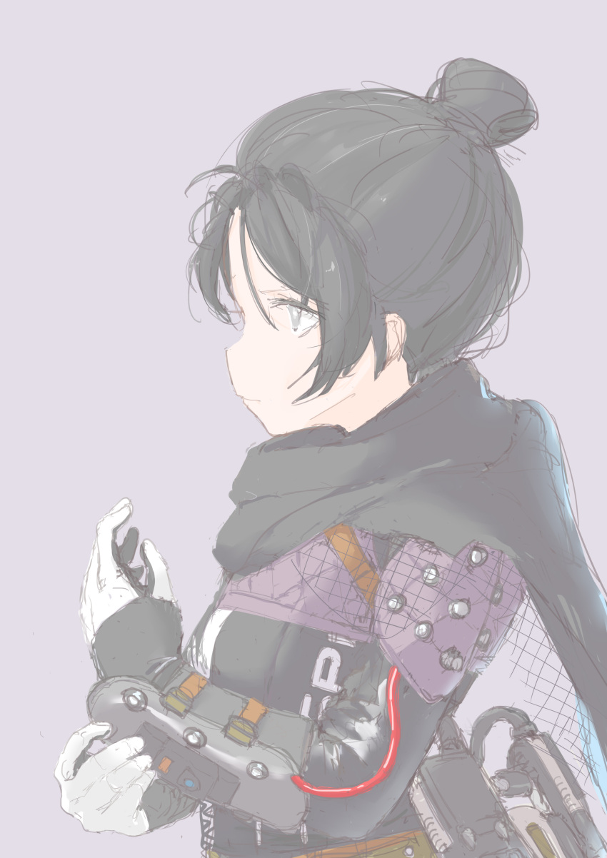 1girl absurdres animification apex_legends bangs black_gloves black_hair black_scarf cable expressionless from_side gloves grey_eyes hair_behind_ear hair_between_eyes hair_bun highres holding_own_arm looking_ahead nocn parted_bangs profile purple_background scarf sketch solo upper_body wraith_(apex_legends)